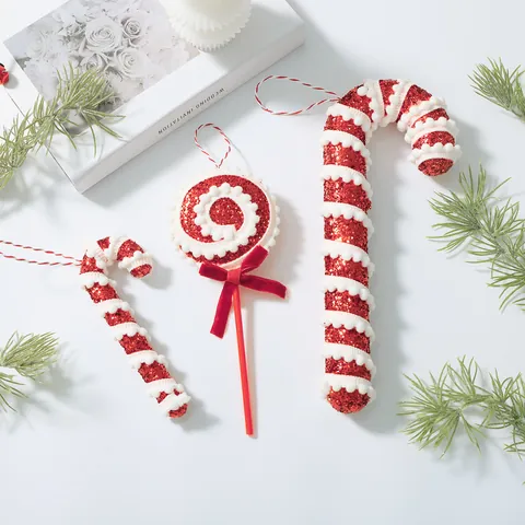 Christmas Hanging Ornaments Foam Glitter Candy Cane Lollipop Red White Pink Gold Silver For Xmas Tree Decor Holiday Party