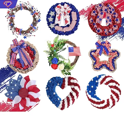 Independence Day Wreath Fourth Of July Door Decoration Red White Blue Wreaths With Stars Stripes Bow Burlap Rattan Flower Garland For Front Door Wall Porch American National Day Party Ornaments