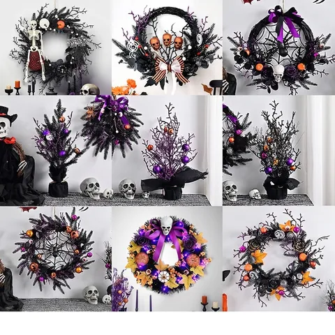 Στεφάνι Halloween Τρόμου Κρανίο Αράχνη Μωβ Ρόδα Κρεμαστό Πόρτας Γιρλάντα Στοιχειωμένο Σπίτι Γοτθική Διακόσμηση Πάρτι