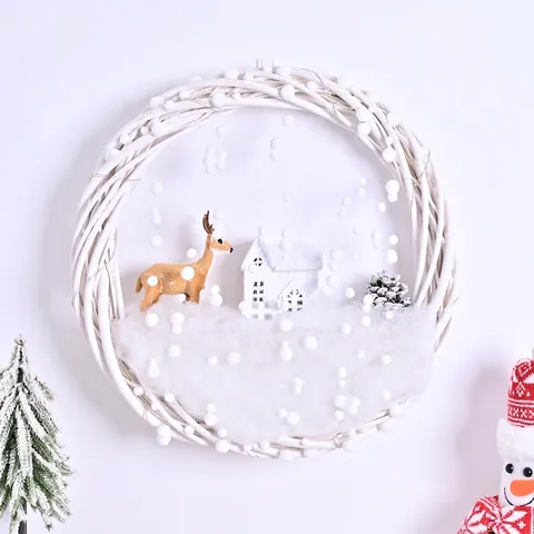 Guirnalda de Navidad Hecha a Mano Con Renos Piñas Vid Blanca Escena de Nieve De Ensueño Decoración Colgante de Puerta Para Fiesta de Navidad Hogar