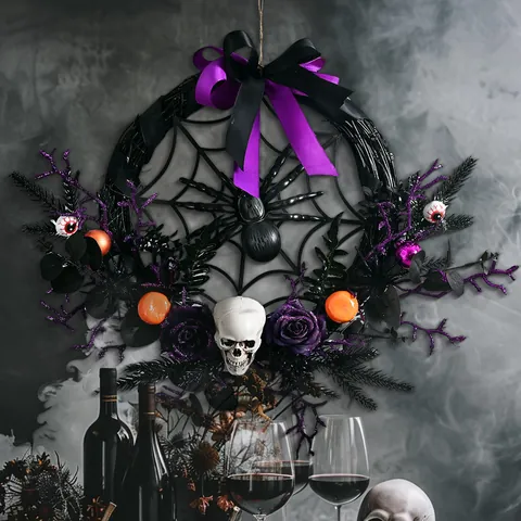 Στεφάνι Halloween Τρόμου Κρανίο Αράχνη Μωβ Ρόδα Κρεμαστό Πόρτας Γιρλάντα Στοιχειωμένο Σπίτι Γοτθική Διακόσμηση Πάρτι