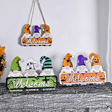 Πινακίδα Καλωσορίσματος Ξωτικό Halloween Ξύλινη Κρεμαστή Διακόσμηση για Πόρτα Τοίχο Κολοκύθα Διακοσμητικό Πάρτι