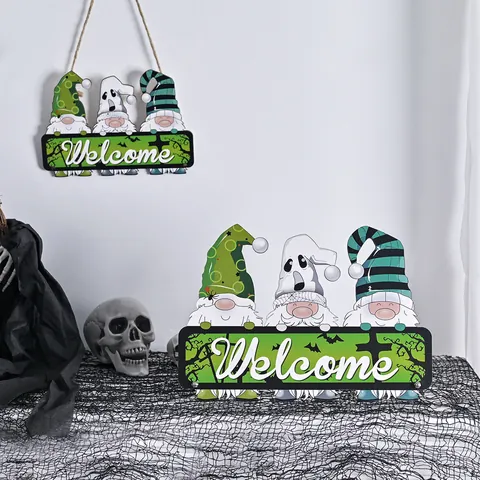 Πινακίδα Καλωσορίσματος Ξωτικό Halloween Ξύλινη Κρεμαστή Διακόσμηση για Πόρτα Τοίχο Κολοκύθα Διακοσμητικό Πάρτι
