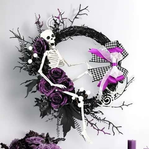 Gothic Halloween Skeleton Wreath With Purple Roses And Houndstooth Bow Purple Black White Ghost Festival Hanging Decor