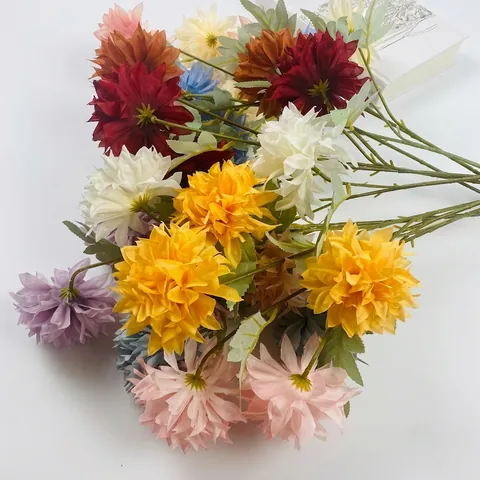 Artificial Silk Calendula Chrysanthemum Flower Stem With 3 Heads Realistic Ball Floral For Wedding Party Photography Prop Home Decor