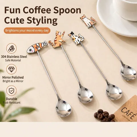 304 Stainless Steel Spoon Creative Cartoon Cat Fish Long Handle Coffee Dessert Stirring Spoon For Home Kitchen