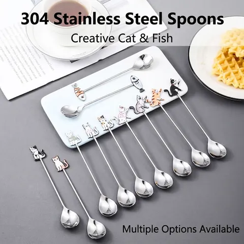 304 Stainless Steel Spoon Creative Cartoon Cat Fish Long Handle Coffee Dessert Stirring Spoon For Home Kitchen