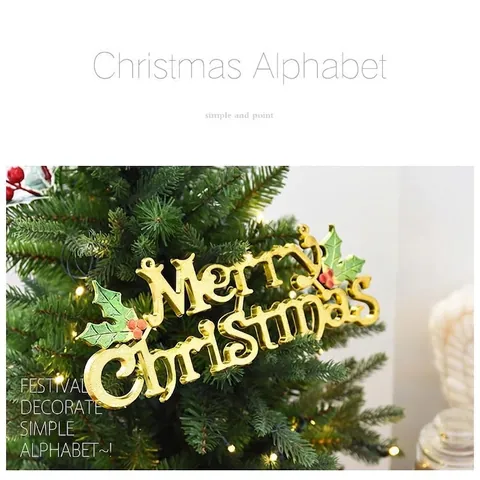 Merry Christmas Plastic Hanging Letter Sign 3D Gold Silver Metallic Glitter Plate Ornament With Holly Berries For Christmas Tree Holiday Home Decor