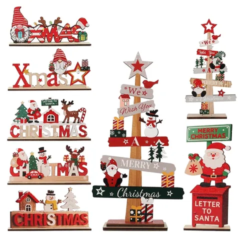Wooden Christmas Tabletop Decoration Merry Christmas Letter Sign Santa Claus Snowman Reindeer Wood Xmas Desktop Decor
