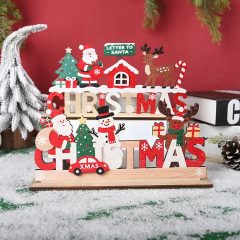 Wooden Christmas Tabletop Decoration Merry Christmas Letter Sign Santa Claus Snowman Reindeer Wood Xmas Desktop Decor