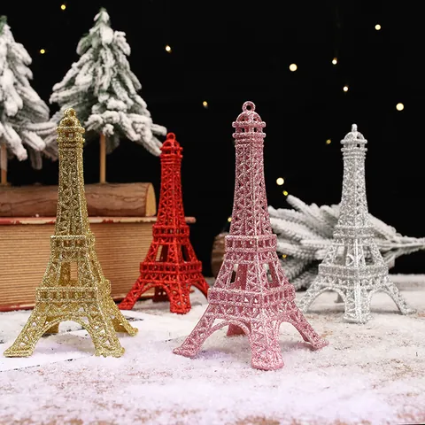 Glitter Paris Eiffel Tower Christmas Hanging Ornament Plastic Tower Model For Xmas Tree Holiday Window Decoration Party Prop