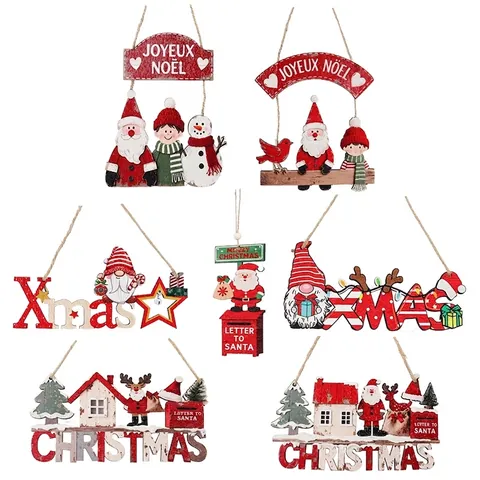 Christmas Wood Hanging Poplar Wood Santa Elk Gnome Pattern Door Wall Pendant Holiday Home Indoor Xmas Ornament Gift