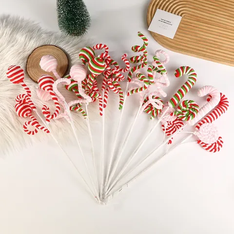 Plush Christmas Twisted Stem Lollipop Candy Cane Ornament For Christmas Tree Decoration DIY Craft Picks Red Green Pink White