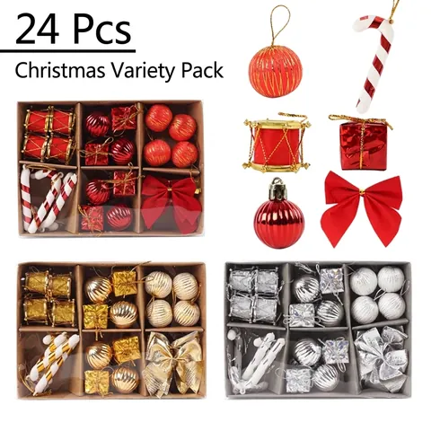 Juego de Adornos de Navidad Dorado Rojo Plateado Decoración para Árbol con Caja de Papel Kraft Bolas Lazos Decoración