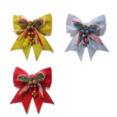 Christmas Glitter Foam Bow With Pine Cones And Berries For Xmas Tree Ornaments Festive Holiday Hanging Decoration Party Decor