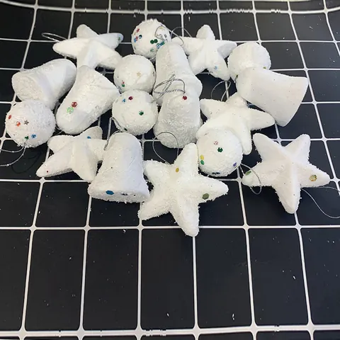 White Foam Christmas Hanging Ornaments Snow Star Ball Bell Christmas Tree Decorations With Colorful Sequins Set Of 6