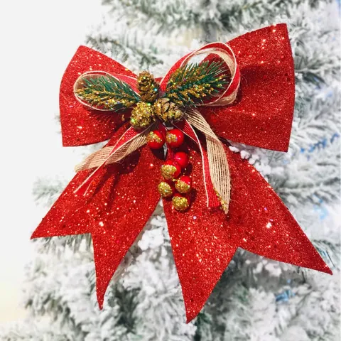 Christmas Glitter Foam Bow With Pine Cones And Berries For Xmas Tree Ornaments Festive Holiday Hanging Decoration Party Decor