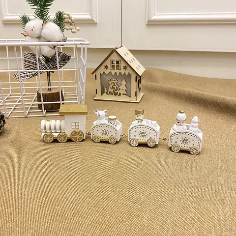 Christmas Wooden Train Ornament Four Section Festive Tabletop Decoration Kids Gift Painted Mini Train For Holiday Home Decor