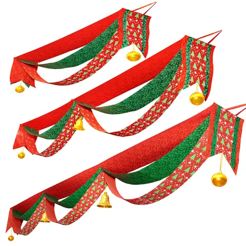 Christmas Wave Flag Garland Decoration Red Green Gold Fabric Banner With Bells For Hotel Mall Ceiling Festive Party Decor