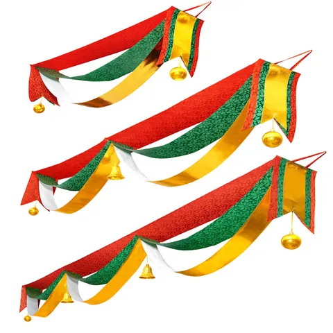 Christmas Wave Flag Garland Decoration Red Green Gold Fabric Banner With Bells For Hotel Mall Ceiling Festive Party Decor