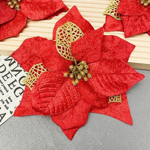 Red Velvet Christmas Artificial Poinsettia Flower With Gold Glitter Decorative Xmas Tree Flower For Holiday Party Home Decor
