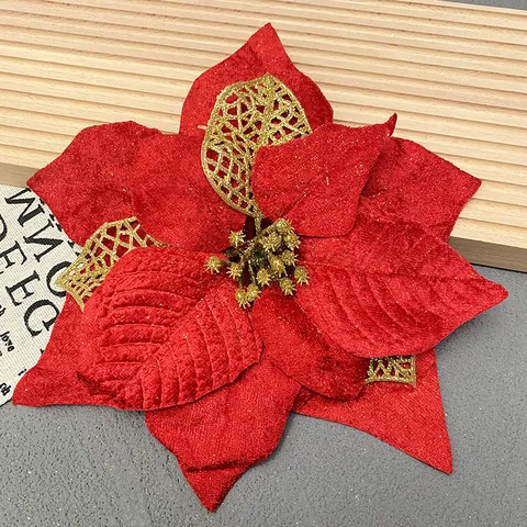 Red Velvet Christmas Artificial Poinsettia Flower With Gold Glitter Decorative Xmas Tree Flower For Holiday Party Home Decor