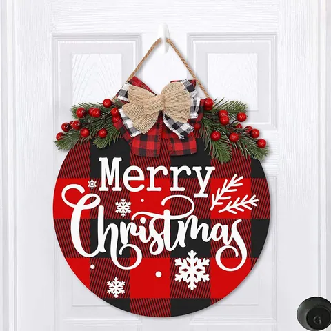 Merry Christmas Welcome Sign For Front Door Wood Round Hanging Plaque Buffalo Plaid Bow Artificial Pine Needles Wall Decor