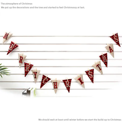 Christmas Burlap Bunting Banner Red Black Buffalo Plaid Merry Christmas Triangular Flags With Wood Clips Holiday Decor