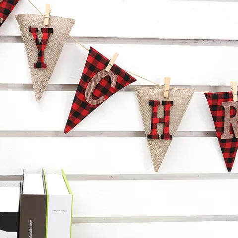 Christmas Burlap Bunting Banner Red Black Buffalo Plaid Merry Christmas Triangular Flags With Wood Clips Holiday Decor