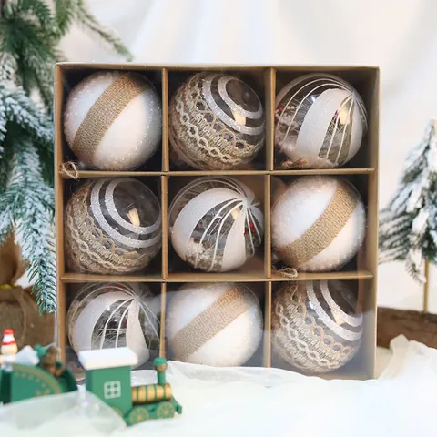8cm Christmas Ball Ornaments Set 9 Pcs Clear Plastic Foam Balls With Snowflake Reindeer Patterns Burlap Lace Tree Decoration