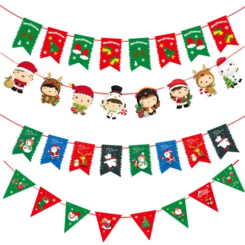 Cartoon Christmas Banner Bunting Paper Flag Santa Reindeer Snowman Pattern Festive Hanging Garland For Holiday Party Decor