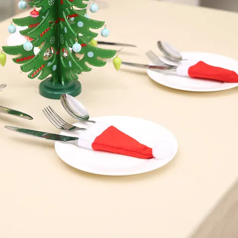 Mini Christmas Hat Cutlery Holders Red Velvet Santa Hats for Christmas Table Silverware Decor Wine Bottle Cover Party