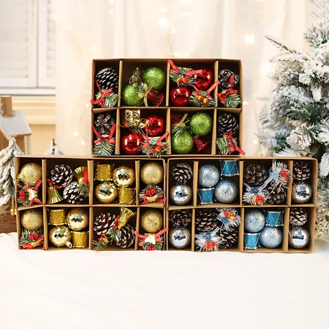 Christmas Tree Ornament Set Plastic Foam Baubles Natural Pinecones Gift Box Hanging Decorations For Holiday Home Decor