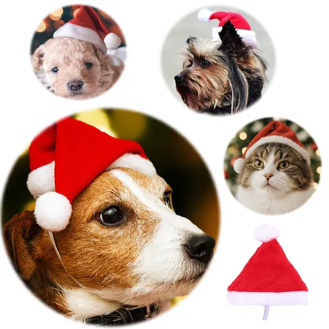 Pet Christmas Hat Red White Santa Claus Hat With White Plush Ball Elastic Strap For Small Dogs Cats Costume Accessories