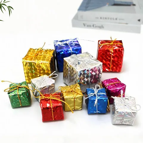 Laser Foil Christmas Mini Gift Box Hanging Ornament Foam Cube For Christmas Tree Party Holiday Interior Home Decoration
