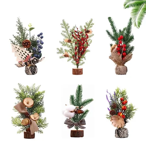 Nordic Artificial Christmas Potted Plant Desktop Ornament Wood Plastic Berry Pine Cone Decor For Home Office Festival Arrangement
