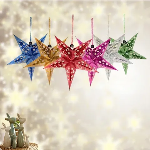 Laser Hollow 3D Paper Star Hanging Decoration Laser Reflective Pentagram Ornament For Christmas Wedding Party Layout Festive Hanging Decor