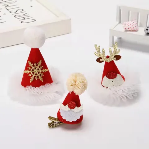 Cute 3D Mini Christmas Hat Hair Clips Reindeer Snowflake Pattern Duckbill Clips Festive Red White Headwear For Kids Women Holiday Party Ornament