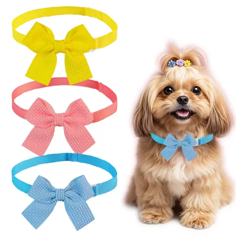 Pet Bow Tie Collar Waffle Texture Adjustable Polyester Neck Decoration For Dogs Cats Casual Solid Color Fashion Accessories