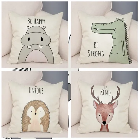 Cartoon Animal Throw Pillow Cover Linen Short Plush Peach Skin Cushion Case For Sofa Bedroom Home Decor Minimalist Pillowcase