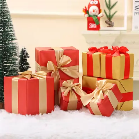 7 Pieces Christmas Decoration Gift Boxes Set Foam Gift Box Stackable Mall Scene Layout Props Holiday Ornaments With Bowknot