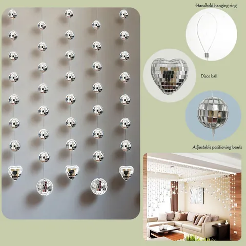 Silver Disco Ball Mirror Glass Ball String Hanging Decoration For Party Wedding Christmas Ornaments Home Decor Curtain Pendant