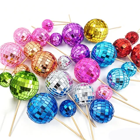 Mirrored Glass Disco Ball Cake Topper Reflective Party Cake Decoration For Birthday Wedding Disco Theme Party Accessories