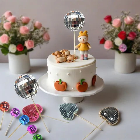 Mirrored Glass Disco Ball Cake Topper Reflective Party Cake Decoration For Birthday Wedding Disco Theme Party Accessories