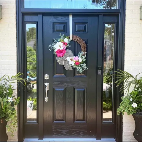 Spring Summer Magnolia Wreath Artificial Flower Door Decoration With Striped Bow Front Door Wreath For Home Wall Decor