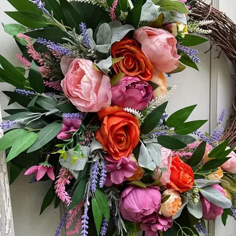 Artificial Peony Wreath Fall Autumn Front Door Hanging Decoration Pink Orange Flower Garland With Natural Vine Base For Home Party Garden Decor