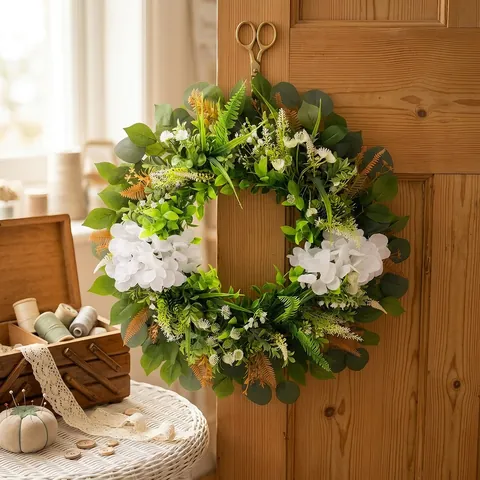 White Artificial Hydrangea Eucalyptus Wreath Plastic Greenery Garland For Front Door Wall Decor Home Garden Party Decoration