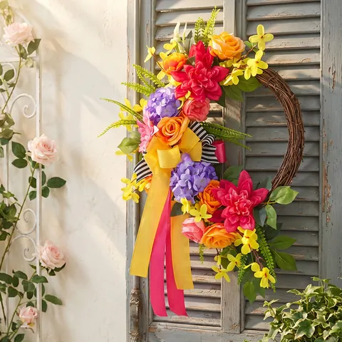 Spring Summer Floral Wreath For Front Door Decoration Natural Rattan Base Artificial Rose Hydrangea Flower Wreath With Ribbons Home Decor Wall Hanging Ornament