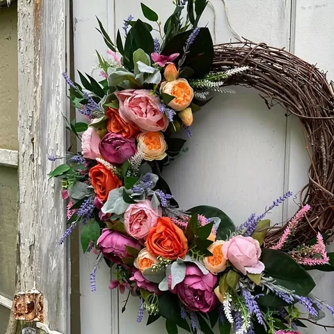 Artificial Peony Wreath Fall Autumn Front Door Hanging Decoration Pink Orange Flower Garland With Natural Vine Base For Home Party Garden Decor