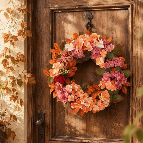 Autumn Hydrangea Rose Wreath Artificial Fall Flower Hanging Decoration Vintage Rural Style For Front Door Wall Home Decor